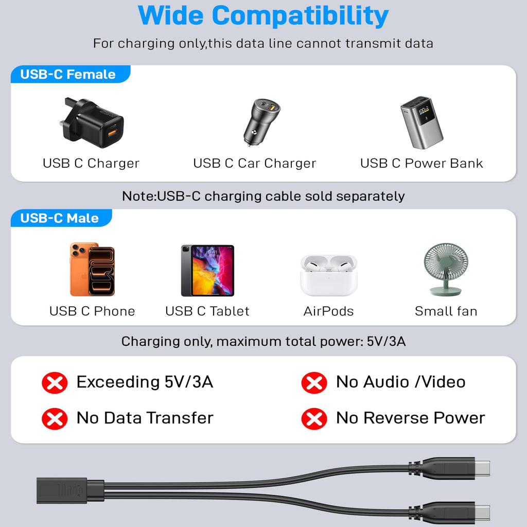 USB-C Splitter Cable 1 Female to 2 Male Y Splitter 30cm Charge Two USB-C Devices Simultaneously for Phone Tablet Earbuds Smart Watch