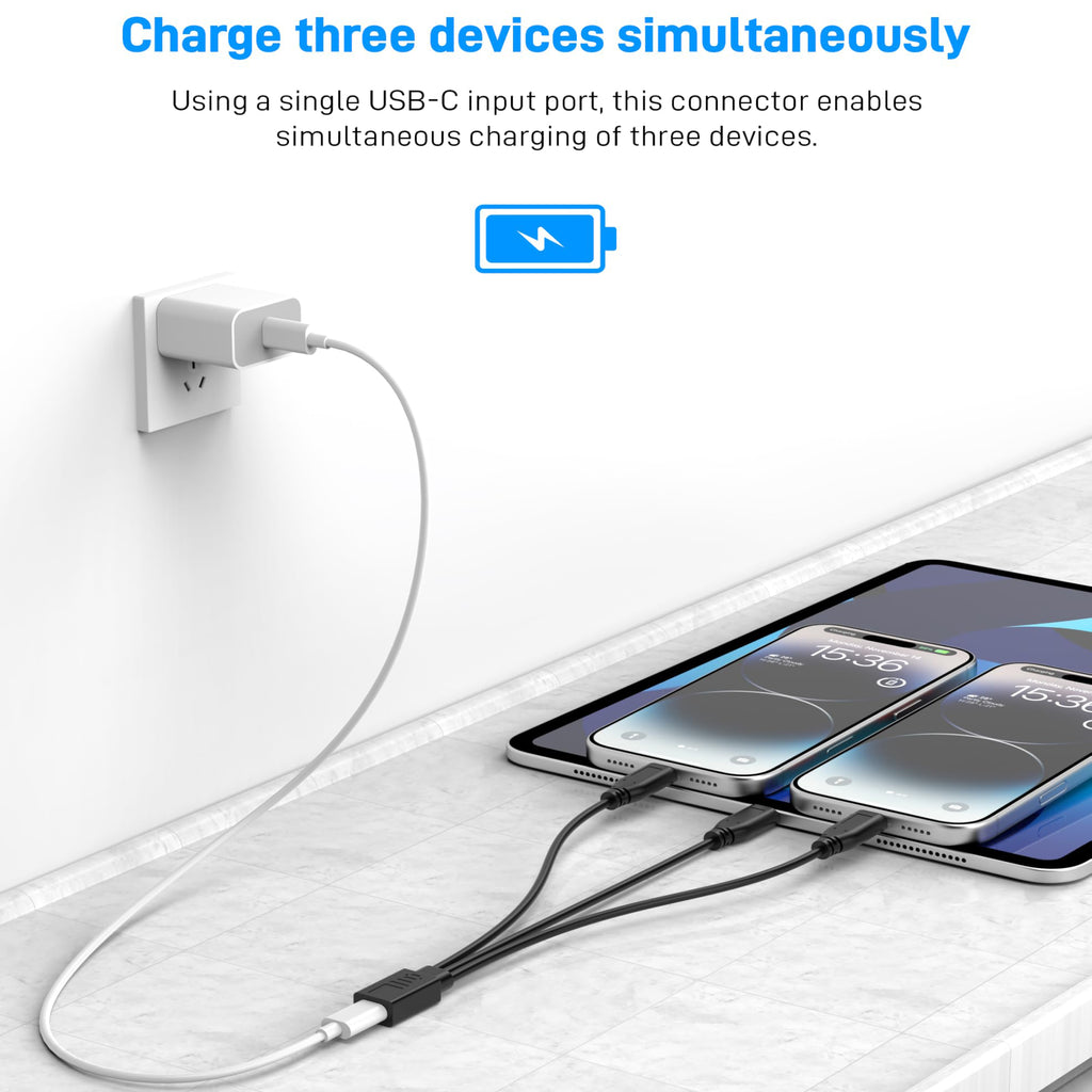 USB-C Splitter Cable 1 Female to 3 Male Y Splitter 30cm Charge Three USB-C Devices Simultaneously for Phone Tablet Earbuds Smart Watch