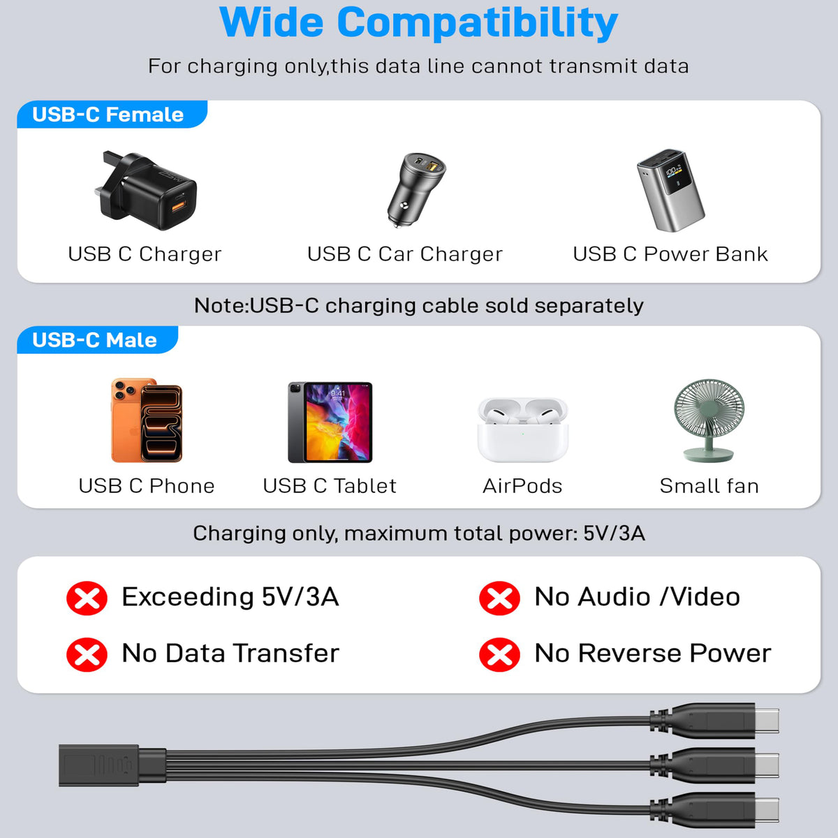 USB-C Splitter Cable 1 Female to 3 Male Y Splitter 30cm Charge Three USB-C Devices Simultaneously for Phone Tablet Earbuds Smart Watch