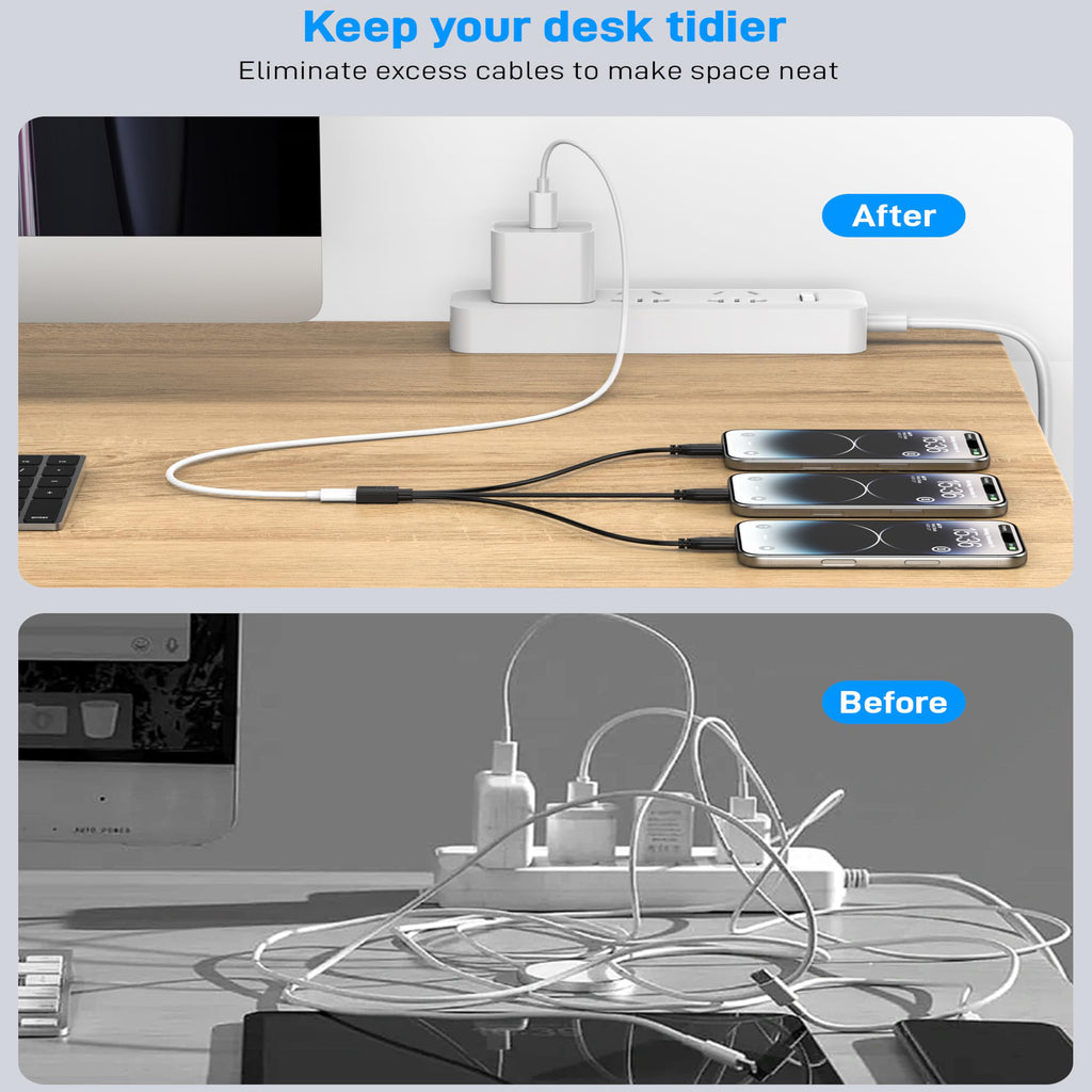 USB-C Splitter Cable 1 Female to 3 Male Y Splitter 30cm Charge Three USB-C Devices Simultaneously for Phone Tablet Earbuds Smart Watch