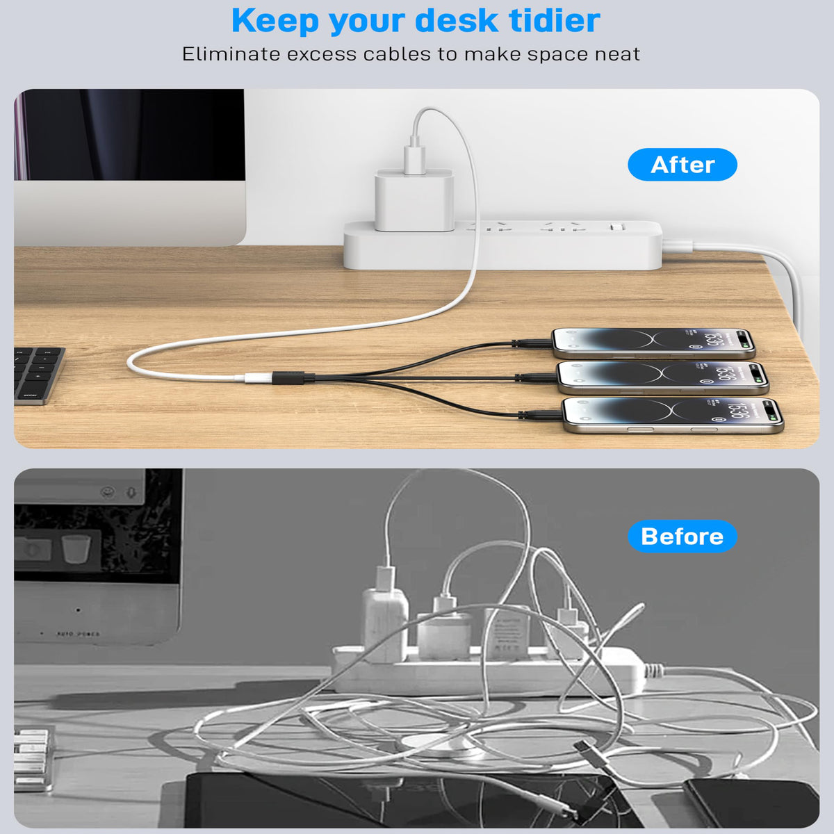 USB-C Splitter Cable 1 Female to 3 Male Y Splitter 30cm Charge Three USB-C Devices Simultaneously for Phone Tablet Earbuds Smart Watch