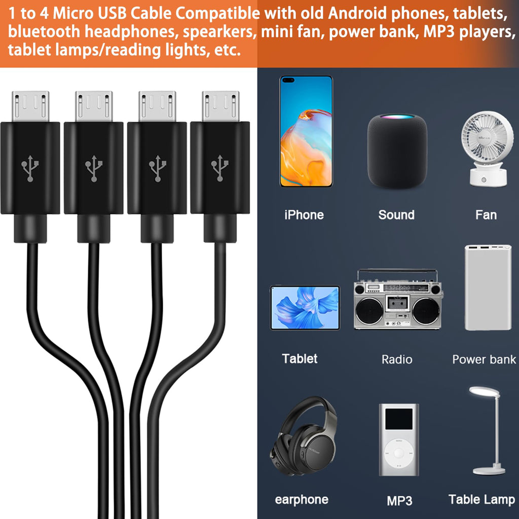 1 to 4 Micro USB Charging Cable Splitter USB A to 4X Micro USB Multi Charger Cord for Wireless Earbuds Bluetooth Speaker Power Bank Old Android Phone USB Fan LED Light Car Home