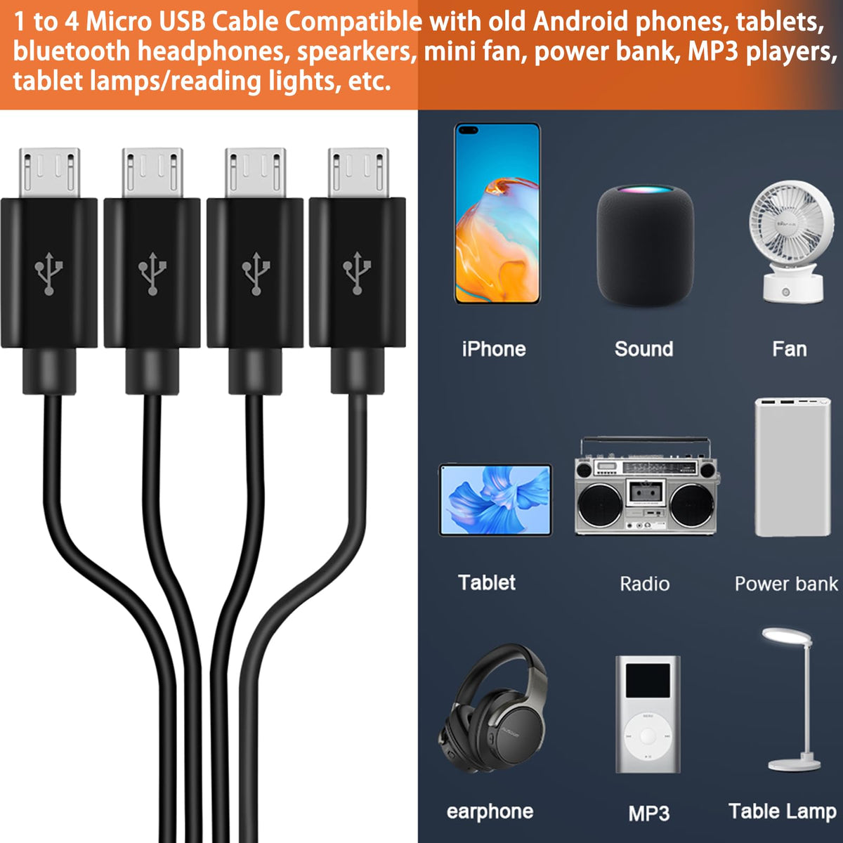 1 to 4 Micro USB Charging Cable Splitter USB A to 4X Micro USB Multi Charger Cord for Wireless Earbuds Bluetooth Speaker Power Bank Old Android Phone USB Fan LED Light Car Home