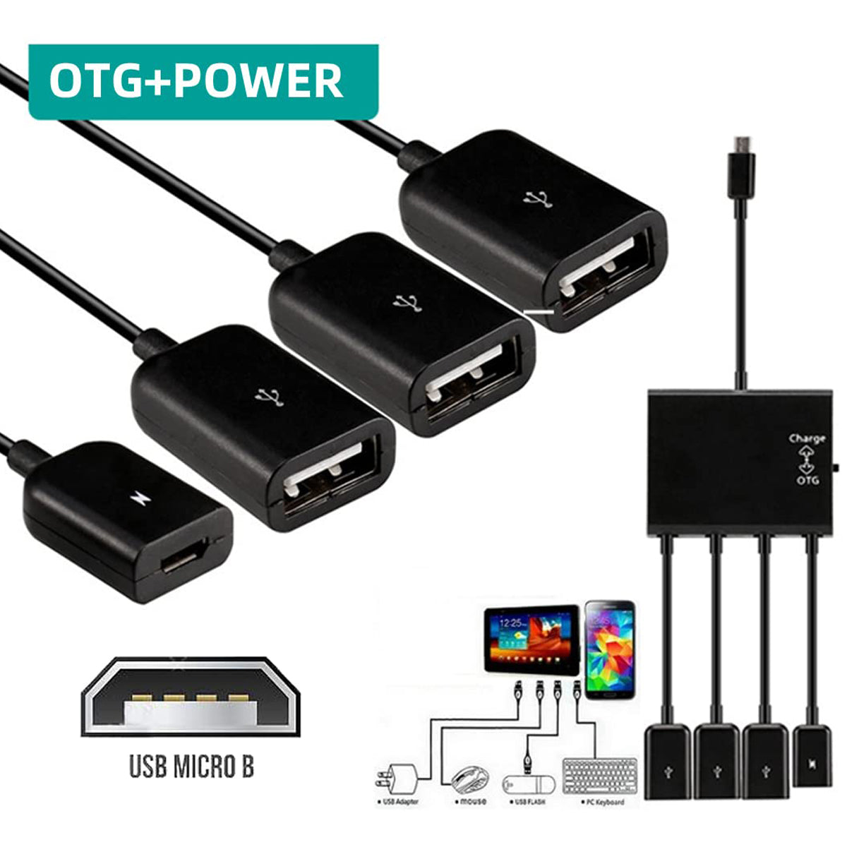 Micro USB OTG Hub Adapter Cable 3 Port USB 2.0 Splitter with Power Charging Port and Switch for Fire TV Stick 4K Chromecast Android TV Box Tablet Flash Drive