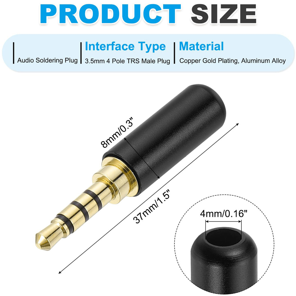 3.5mm TRRS 4 Pole Male Solder Audio Plug Connector 1/8 Inch Gold Plated DIY Replacement Jack for Headphone Headset Microphone Cable Repair Metal Shell