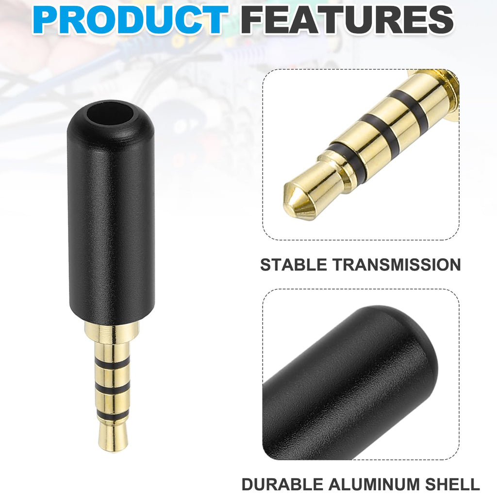 3.5mm TRRS 4 Pole Male Solder Audio Plug Connector 1/8 Inch Gold Plated DIY Replacement Jack for Headphone Headset Microphone Cable Repair Metal Shell