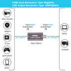 4K HDMI to USB Video Audio Capture Card 1080P 60fps Metal Cam Link Adapter for DSLR Action Cam Game Consoles PC Mac OBS Streaming