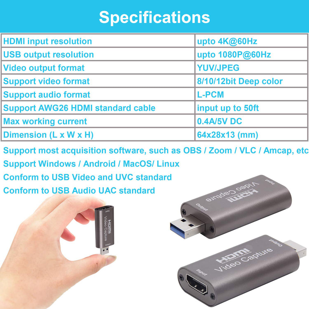 4K HDMI to USB Video Audio Capture Card 1080P 60fps Metal Cam Link Adapter for DSLR Action Cam Game Consoles PC Mac OBS Streaming
