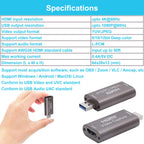 4K HDMI to USB Video Audio Capture Card 1080P 60fps Metal Cam Link Adapter for DSLR Action Cam Game Consoles PC Mac OBS Streaming