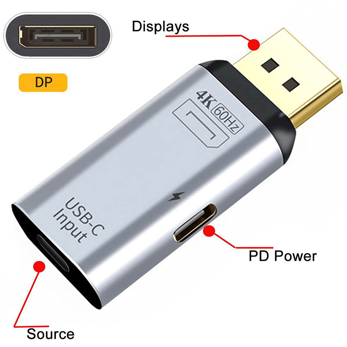 USB C to DisplayPort Adapter 4K 60Hz Type C Female to DP Male Video Converter with PD Charging Port for MacBook Pro XPS Surface Galaxy Monitor Projector