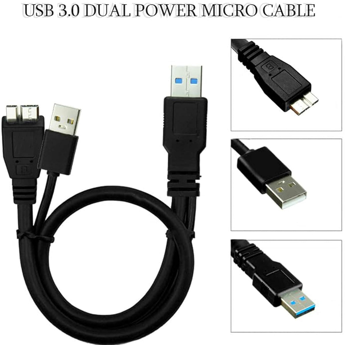 USB 3.0 Y Cable Dual USB A Male to Micro B Cord Extra Power Boost 5Gbps Data Lead for External Hard Drive HDD Enclosure Wii U Blu Ray WD Seagate Toshiba