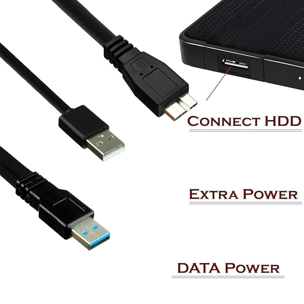USB 3.0 Y Cable Dual USB A Male to Micro B Cord Extra Power Boost 5Gbps Data Lead for External Hard Drive HDD Enclosure Wii U Blu Ray WD Seagate Toshiba