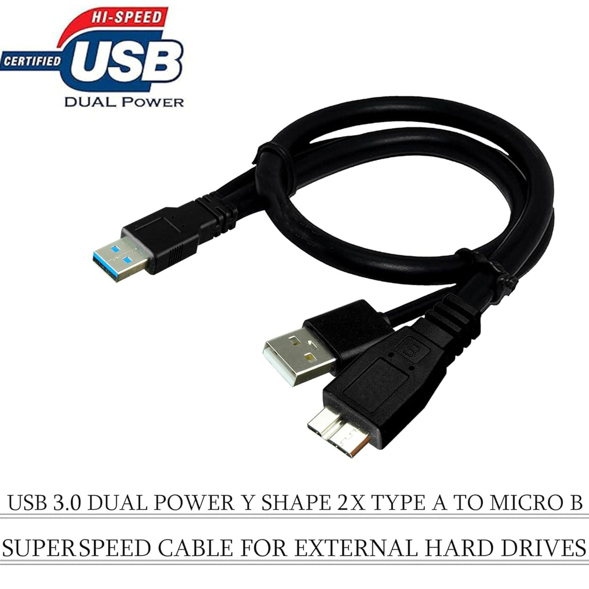 USB 3.0 Y Cable Dual USB A Male to Micro B Cord Extra Power Boost 5Gbps Data Lead for External Hard Drive HDD Enclosure Wii U Blu Ray WD Seagate Toshiba