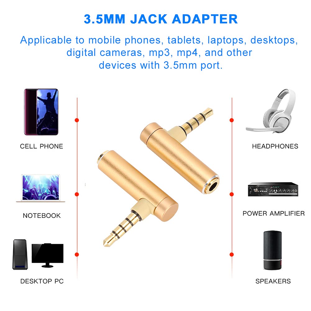 3.5mm Right Angle Adapter Male to Female 90 Degree L Shape Metal Audio Connector for Headset Headphone Smartphone Tablet Laptop