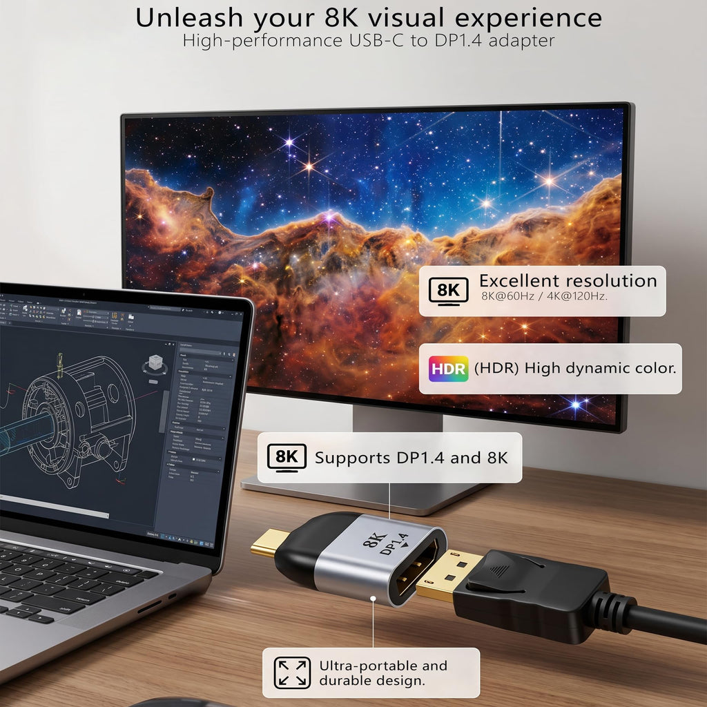 USB C to DisplayPort Adapter 8K 60Hz 4K 144Hz Type C to DP 1.4 Converter Male to Female for MacBook Pro iPad Pro Surface Dell Laptop Monitor Gaming PC