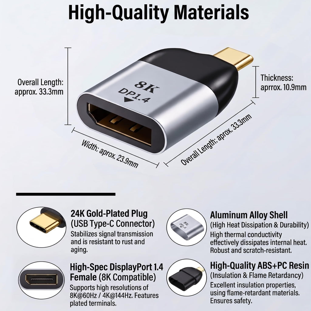 USB C to DisplayPort Adapter 8K 60Hz 4K 144Hz Type C to DP 1.4 Converter Male to Female for MacBook Pro iPad Pro Surface Dell Laptop Monitor Gaming PC