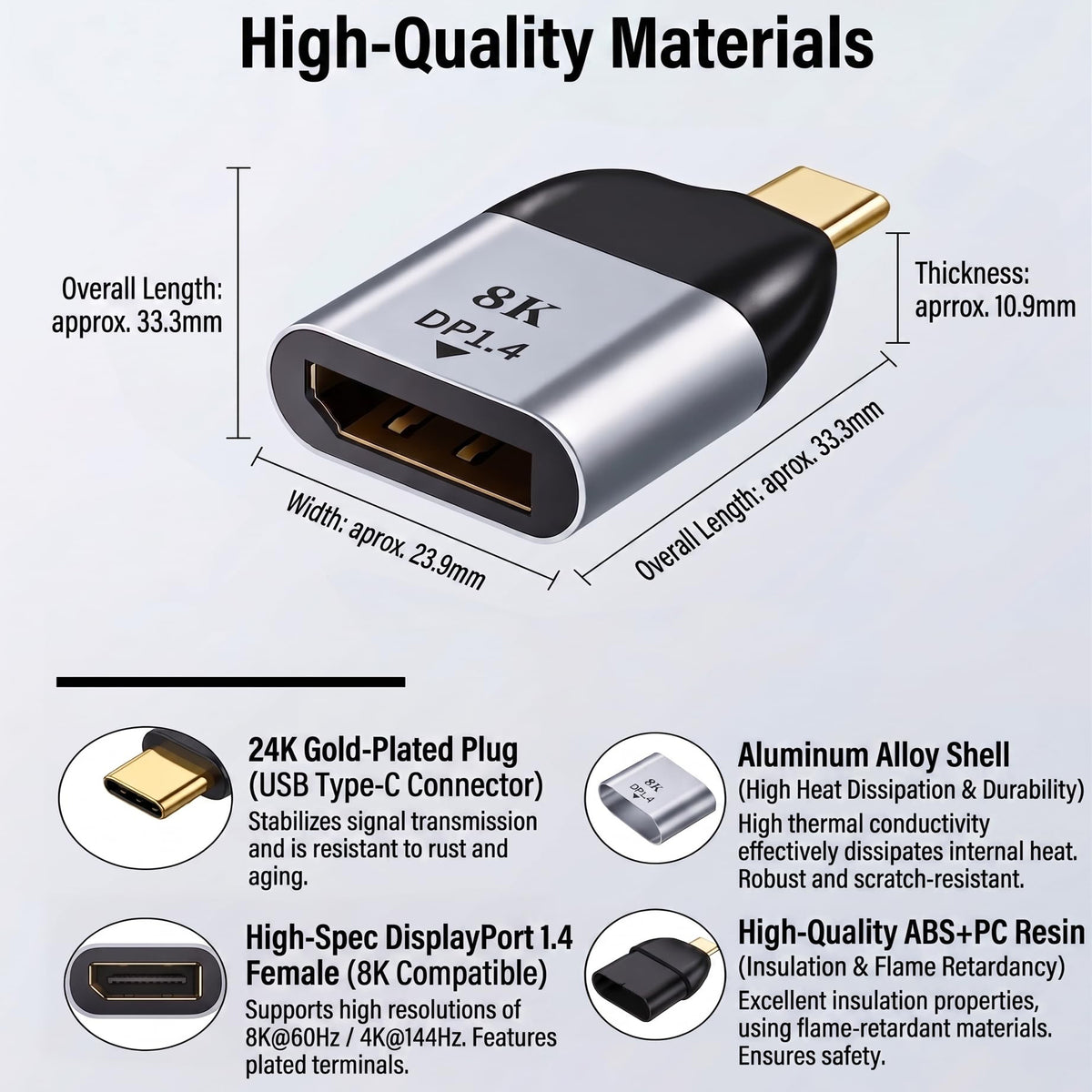 USB C to DisplayPort Adapter 8K 60Hz 4K 144Hz Type C to DP 1.4 Converter Male to Female for MacBook Pro iPad Pro Surface Dell Laptop Monitor Gaming PC