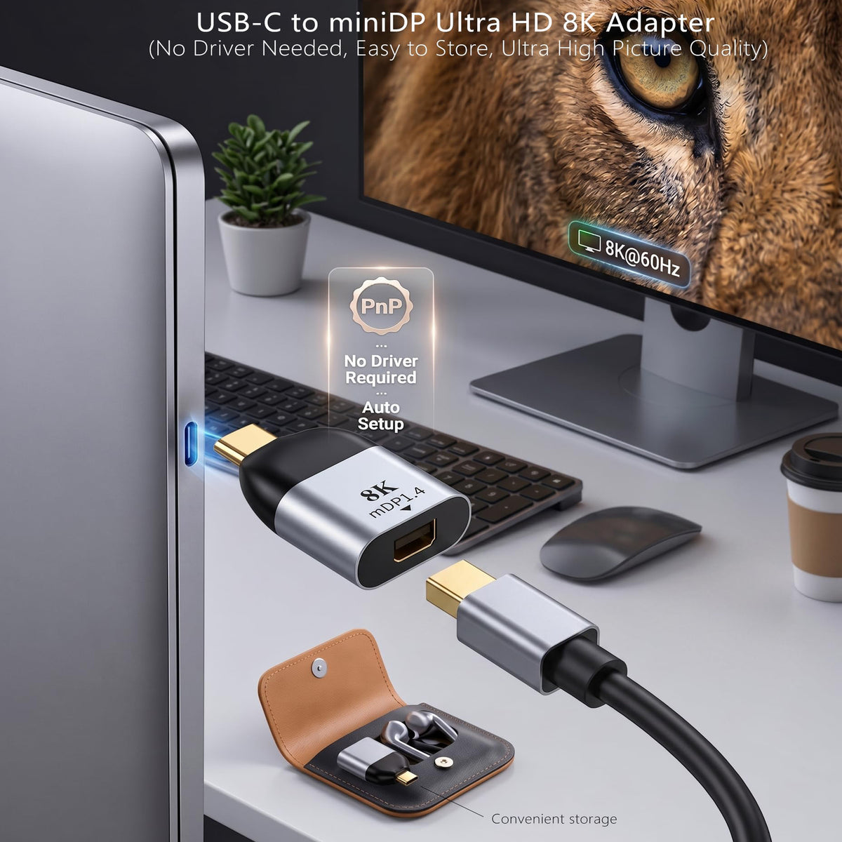USB C to Mini DisplayPort Adapter 8K 60Hz 4K 144Hz Type C to Mini DP 1.4 Converter Male to Female for MacBook Pro iPad Pro Laptop Monitor Gaming PC