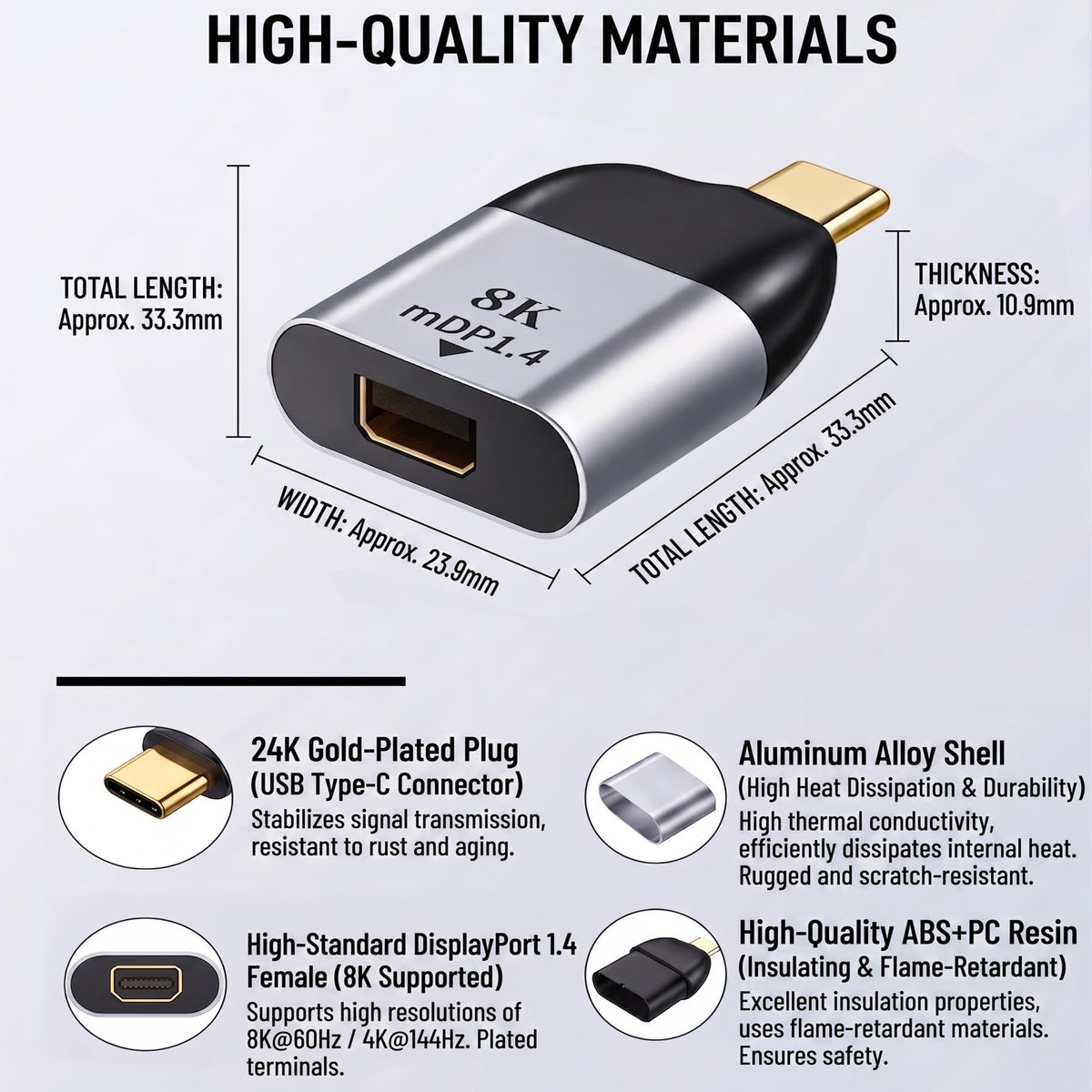 USB C to Mini DisplayPort Adapter 8K 60Hz 4K 144Hz Type C to Mini DP 1.4 Converter Male to Female for MacBook Pro iPad Pro Laptop Monitor Gaming PC
