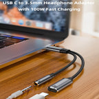 USB C to 3.5mm Headphone Adapter Cable 2 in 1 HiFi DAC 100W PD Fast Charging Aux Audio Jack for iPhone 16 15 Samsung Galaxy Google Pixel iPad