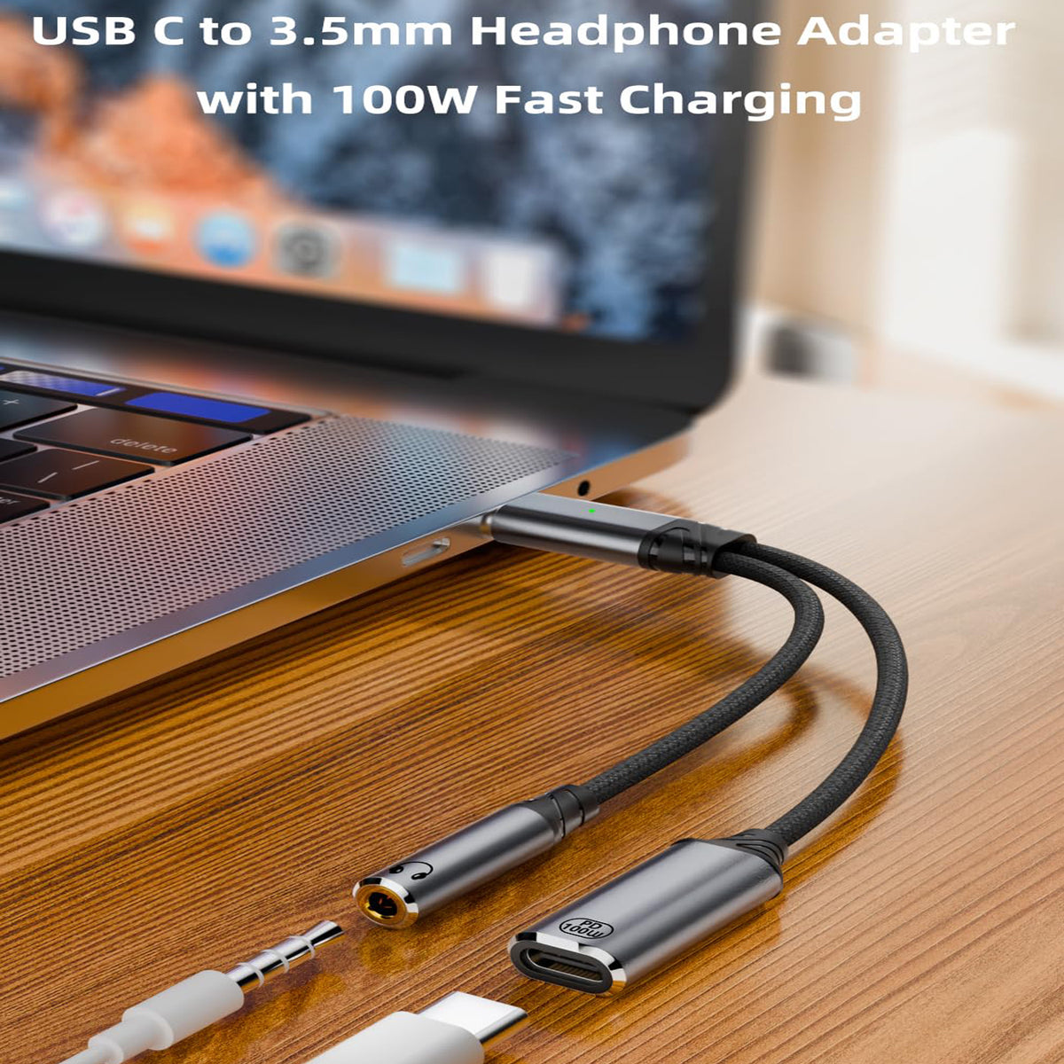 USB C to 3.5mm Headphone Adapter Cable 2 in 1 HiFi DAC 100W PD Fast Charging Aux Audio Jack for iPhone 16 15 Samsung Galaxy Google Pixel iPad