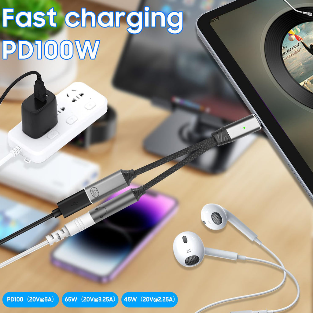 USB C to 3.5mm Headphone Adapter Cable 2 in 1 HiFi DAC 100W PD Fast Charging Aux Audio Jack for iPhone 16 15 Samsung Galaxy Google Pixel iPad