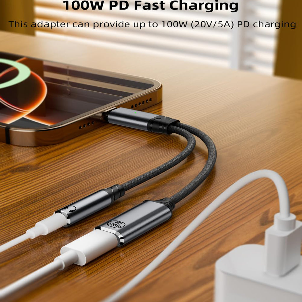 USB C to 3.5mm Headphone Adapter Cable 2 in 1 HiFi DAC 100W PD Fast Charging Aux Audio Jack for iPhone 16 15 Samsung Galaxy Google Pixel iPad
