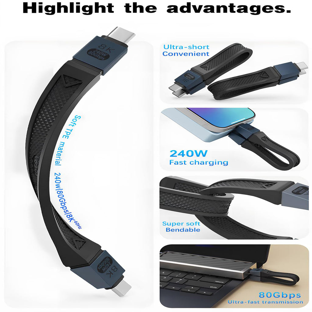 Short USB C to USB C Cable 5 Inch 80Gbps 240W PD FPC Flat Thunderbolt 5 4 USB4 8K 60Hz Video for iPhone 16 MacBook iPad External SSD Docking Station