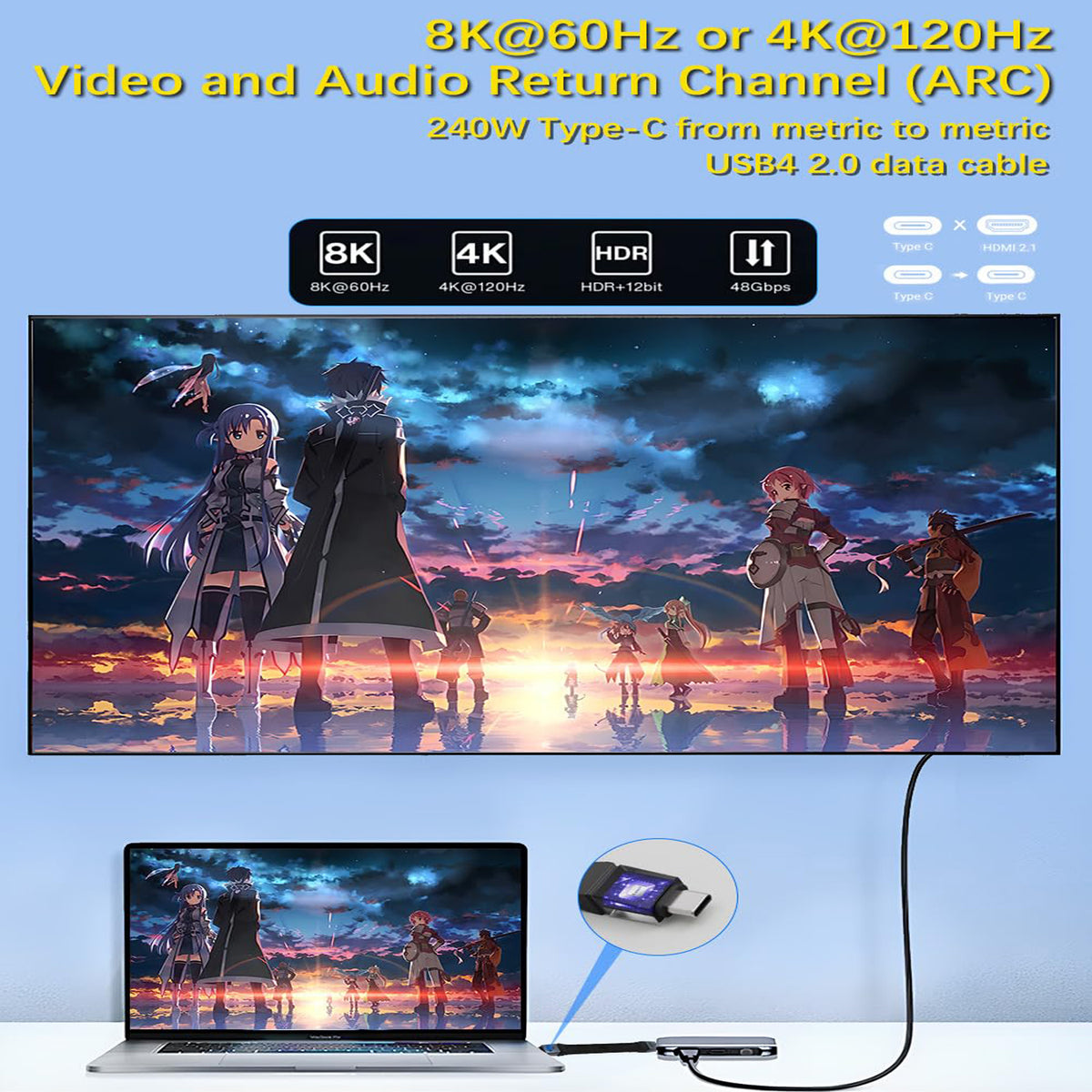 Short USB C to USB C Cable 5 Inch 80Gbps 240W PD FPC Flat Thunderbolt 5 4 USB4 8K 60Hz Video for iPhone 16 MacBook iPad External SSD Docking Station