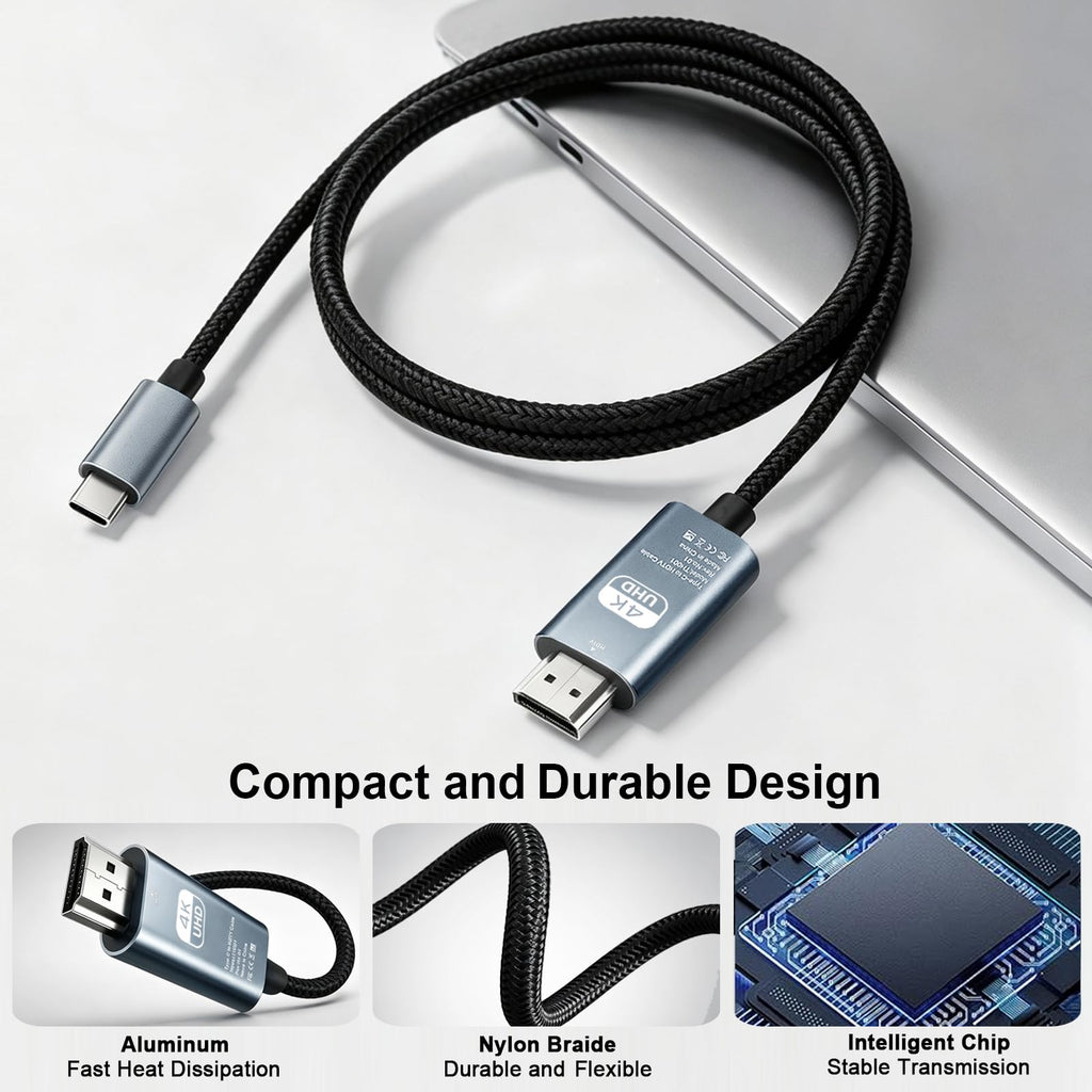 USB C to HDMI Cable 6.6ft 2M 4K 30Hz Type C to HDMI Braided Cord for iPhone 17 16 15 MacBook Pro Air iPad Galaxy S25 S24 Dell XPS Surface HDTV Monitor