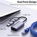 2 in 1 USB C and USB to Ethernet Adapter Aluminum USB 3.0 to RJ45 Gigabit LAN Converter 1000Mbps for MacBook Nintendo Switch Surface Pro Laptop PC