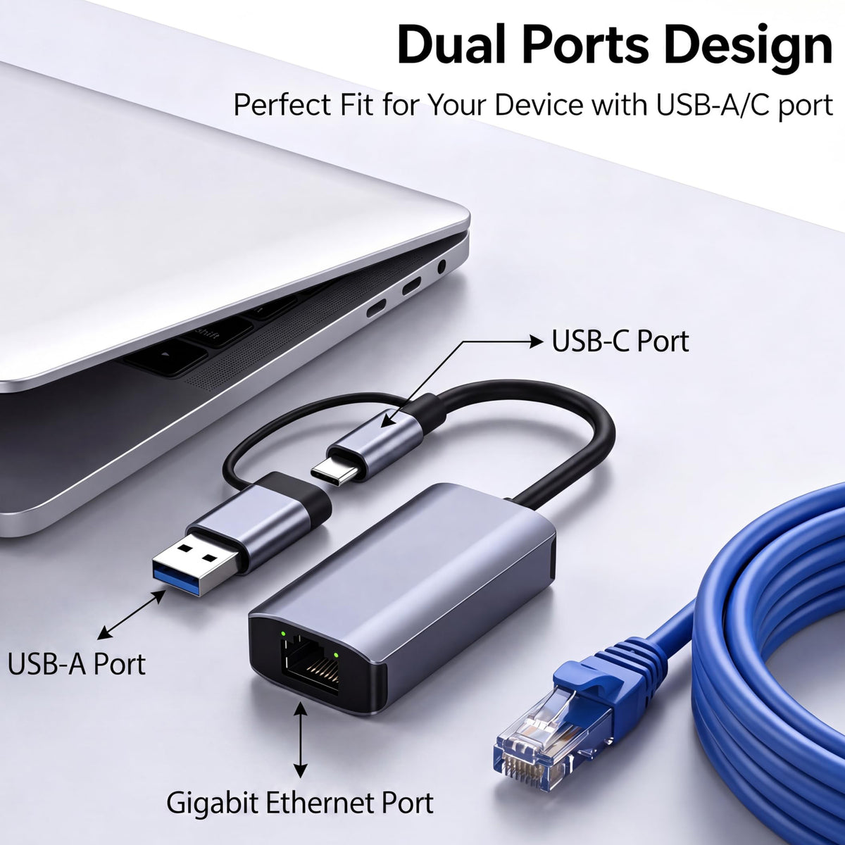 2 in 1 USB C and USB to Ethernet Adapter Aluminum USB 3.0 to RJ45 Gigabit LAN Converter 1000Mbps for MacBook Nintendo Switch Surface Pro Laptop PC