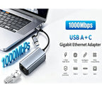 2 in 1 USB C and USB to Ethernet Adapter Aluminum USB 3.0 to RJ45 Gigabit LAN Converter 1000Mbps for MacBook Nintendo Switch Surface Pro Laptop PC