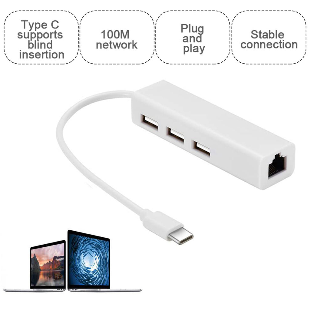 USB C to 3 Port USB 2.0 Hub with Ethernet Adapter Type C to RJ45 100Mbps Network LAN Splitter Dongle for MacBook Chromebook Pixel PC Laptop Tablet
