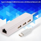 USB C to 3 Port USB 2.0 Hub with Ethernet Adapter Type C to RJ45 100Mbps Network LAN Splitter Dongle for MacBook Chromebook Pixel PC Laptop Tablet
