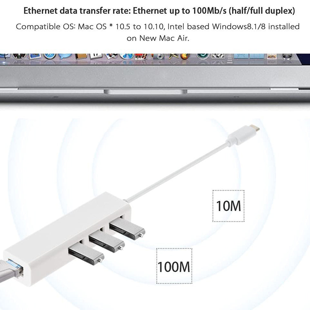 USB C to 3 Port USB 2.0 Hub with Ethernet Adapter Type C to RJ45 100Mbps Network LAN Splitter Dongle for MacBook Chromebook Pixel PC Laptop Tablet