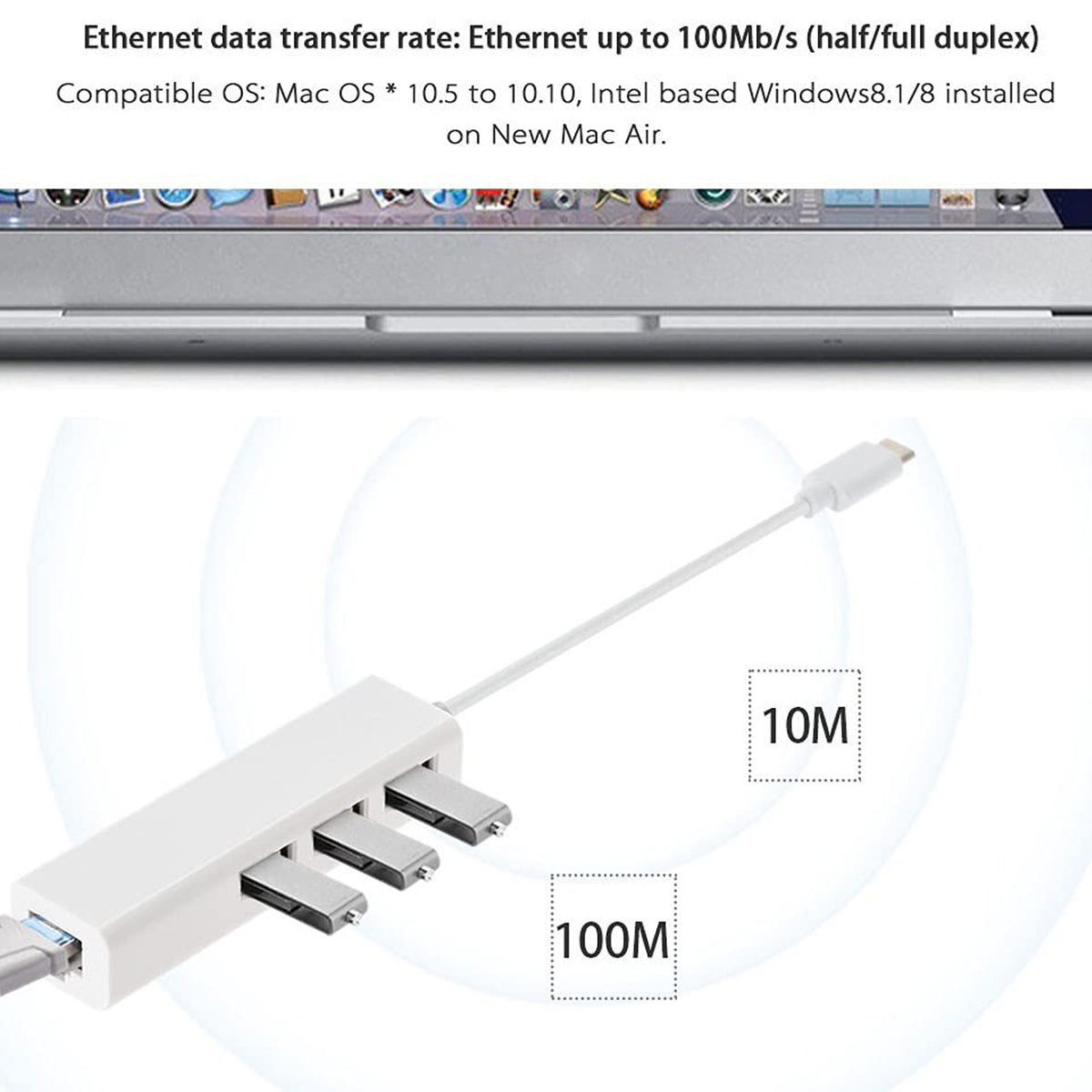 USB C to 3 Port USB 2.0 Hub with Ethernet Adapter Type C to RJ45 100Mbps Network LAN Splitter Dongle for MacBook Chromebook Pixel PC Laptop Tablet