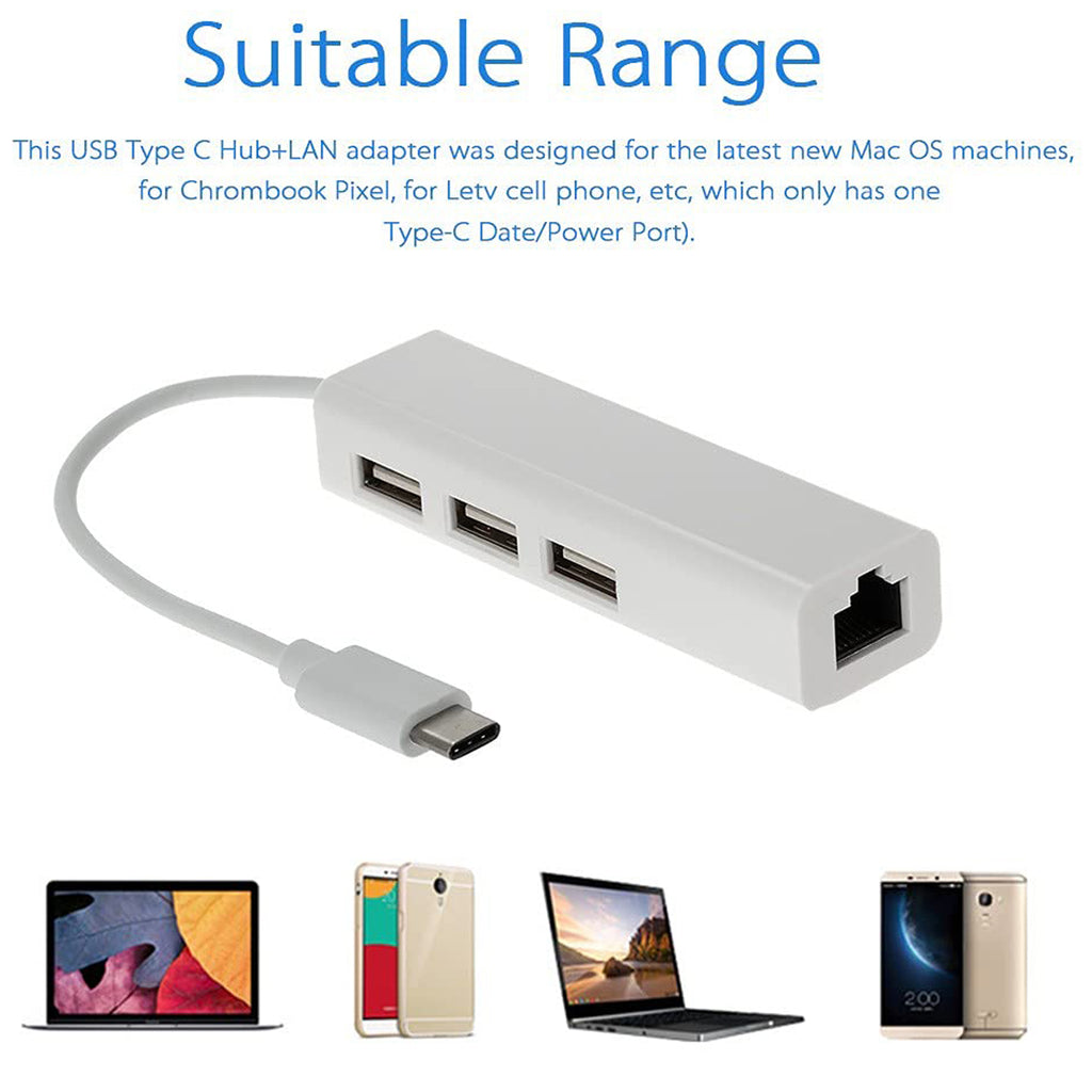 USB C to 3 Port USB 2.0 Hub with Ethernet Adapter Type C to RJ45 100Mbps Network LAN Splitter Dongle for MacBook Chromebook Pixel PC Laptop Tablet