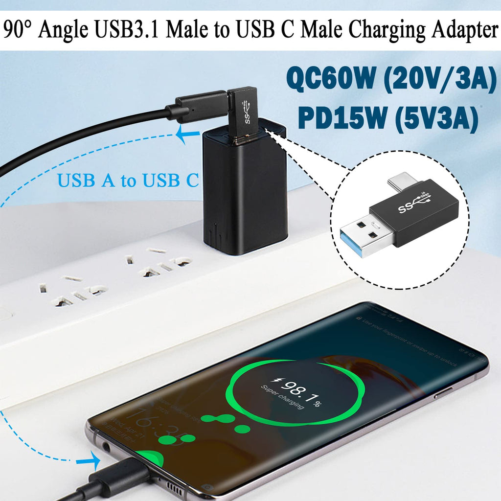 USB A Male to USB C Male 90 Degree Adapter 10Gbps Side Angle Type C Converter QC 60W PD 15W for Phone Laptop PC Charger Power Bank