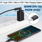 USB A Male to USB C Male 90 Degree Adapter 10Gbps Side Angle Type C Converter QC 60W PD 15W for Phone Laptop PC Charger Power Bank