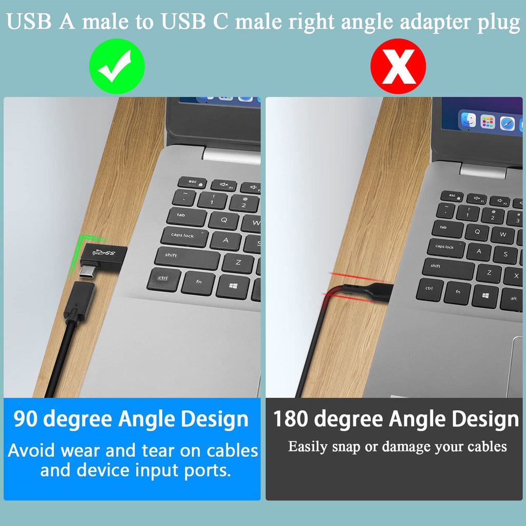 USB A Male to USB C Male 90 Degree Adapter 10Gbps Side Angle Type C Converter QC 60W PD 15W for Phone Laptop PC Charger Power Bank