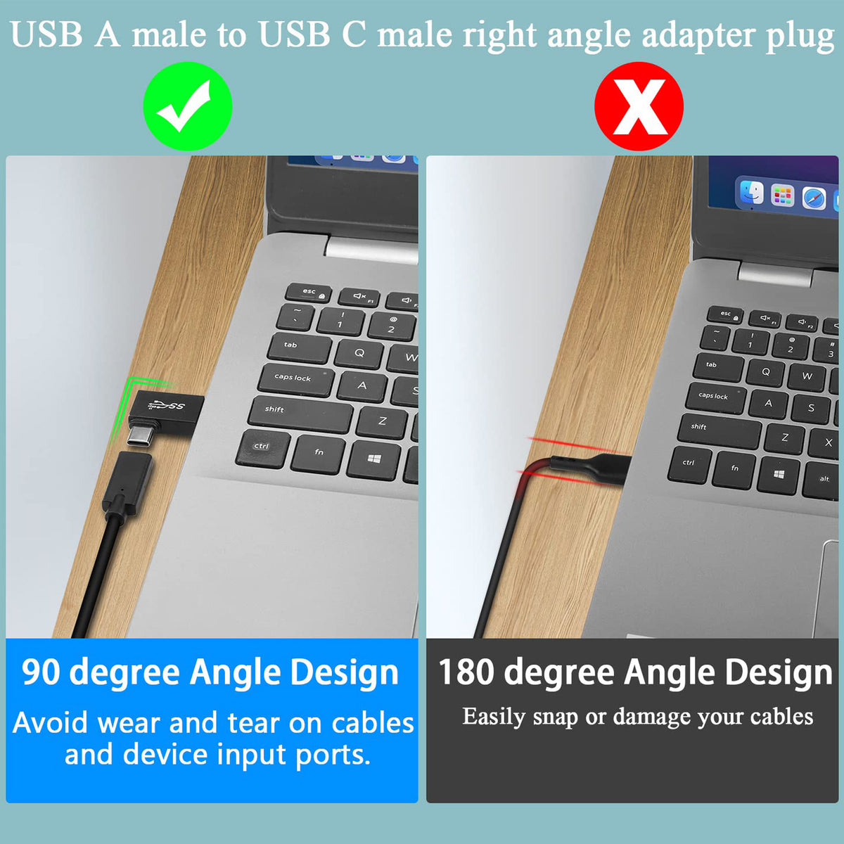 USB A Male to USB C Male 90 Degree Adapter 10Gbps Side Angle Type C Converter QC 60W PD 15W for Phone Laptop PC Charger Power Bank