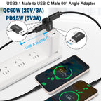 USB A Male to USB C Male 90 Degree Adapter 10Gbps Side Angle Type C Converter QC 60W PD 15W for Phone Laptop PC Charger Power Bank