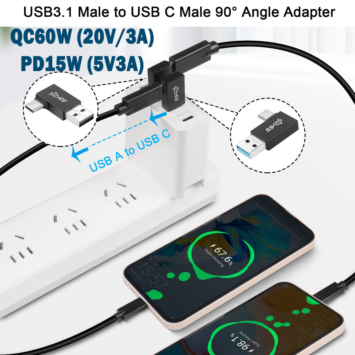 USB A Male to USB C Male 90 Degree Adapter 10Gbps Side Angle Type C Converter QC 60W PD 15W for Phone Laptop PC Charger Power Bank