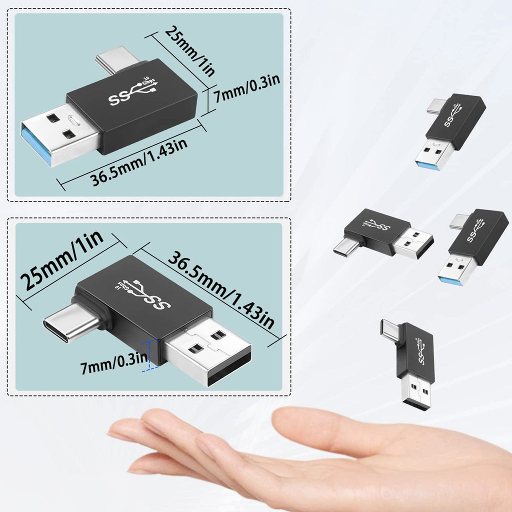 USB A Male to USB C Male 90 Degree Adapter 10Gbps Side Angle Type C Converter QC 60W PD 15W for Phone Laptop PC Charger Power Bank