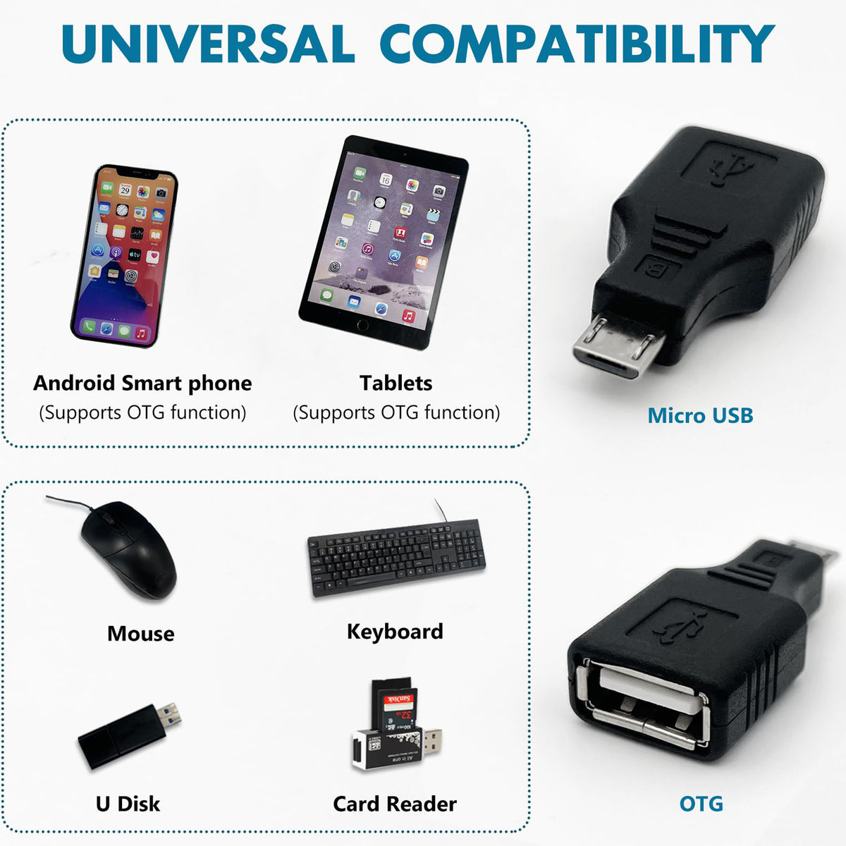 Micro USB to USB 2.0 Adapter Male to Female OTG Converter Compatible with Smartphones Tablets eReaders