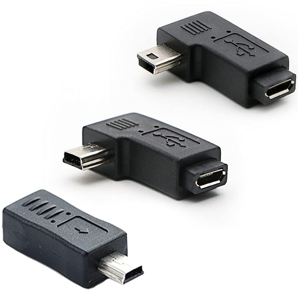 Mini USB Male to Micro USB Female Adapter Connector (Straight / Left-Angle / Right-Angle) for Charging and Data Sync