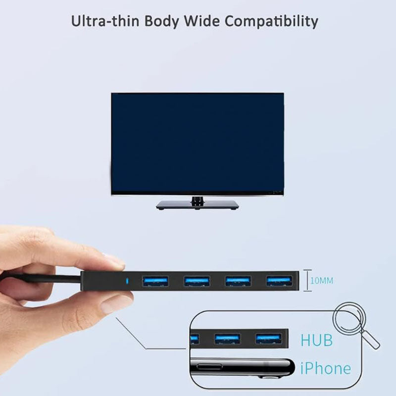 4-Port USB 3.0 Hub – 5Gbps Data Transfer LED Indicator Ultra-Slim 1cm No Charging for USB-A Laptops and PCs