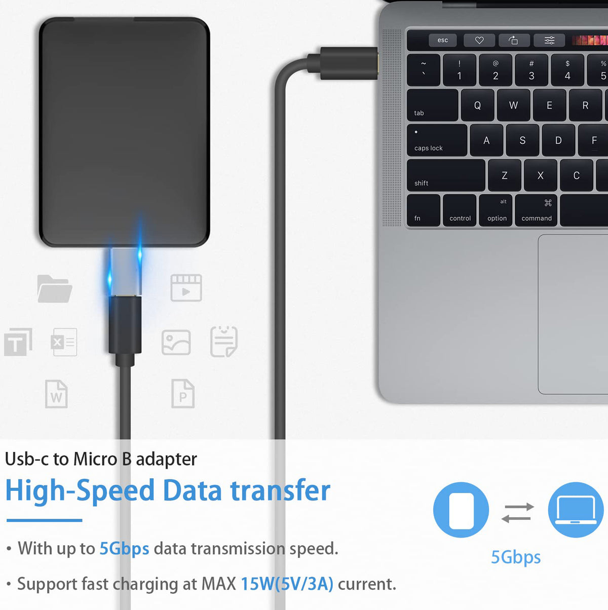 USB C to Micro B Adapter 5Gbps Type C to Micro USB 3.0 Adapter for External Portable Hard Drive SSD HDD Data Transfer and Charging