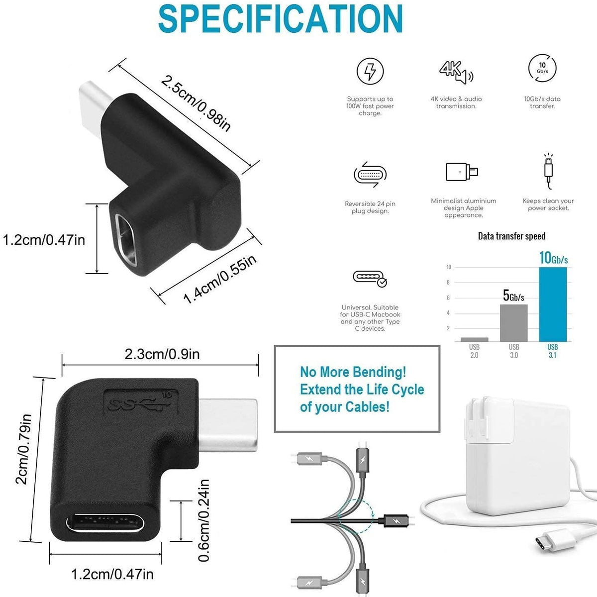 USB C Angle Adapter 90 Degree USB C Type C Male to Female Adapter, Right Left Up Down Angled USB-C USB 3.1 Type-C Extension Laptop, VR, Smartphones & Tablet (Left/Right & Up/Down)